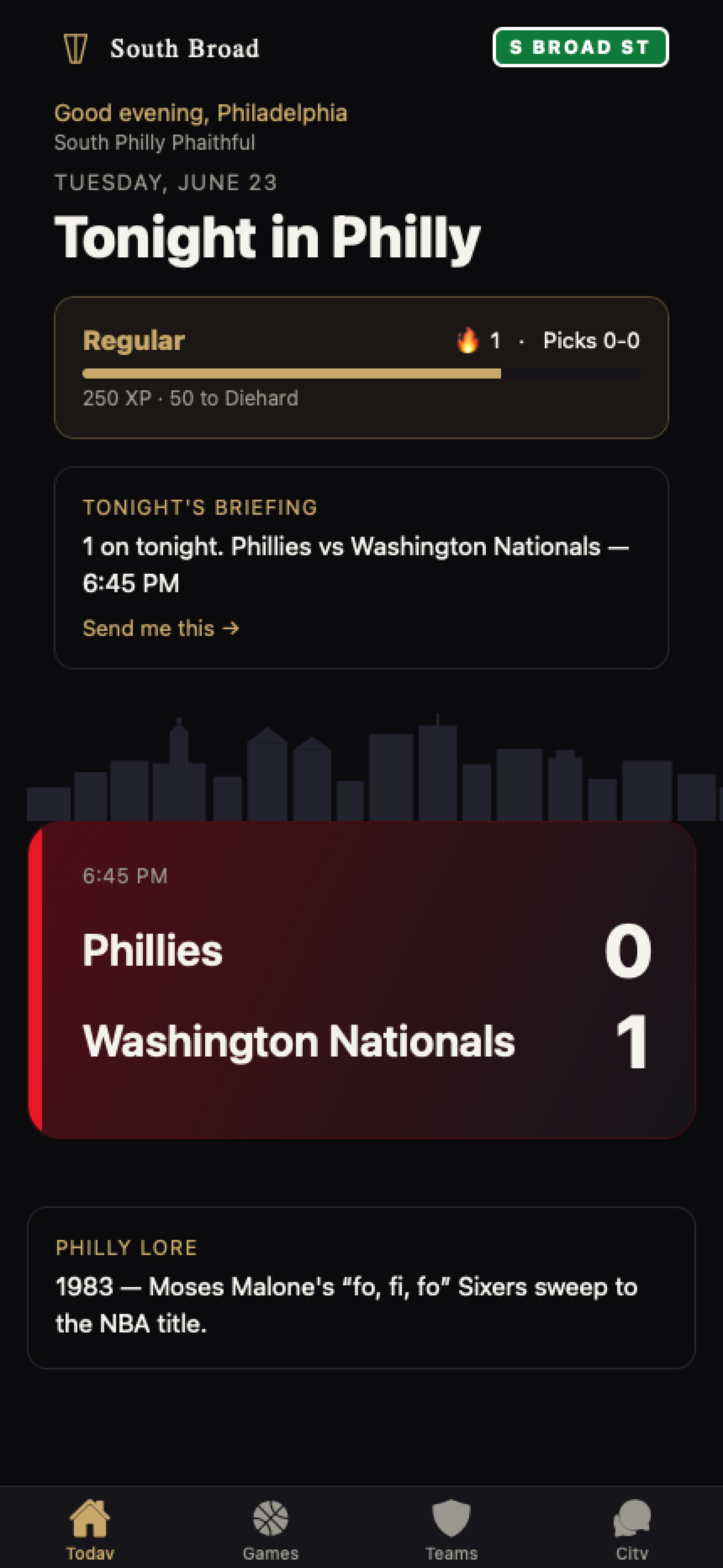 South Broad Today screen showing tonight's Philly games